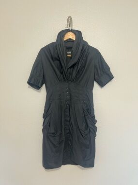 Jean Paul Gaultier Black Button-Front Short Sleeve Dress with Draped Collar